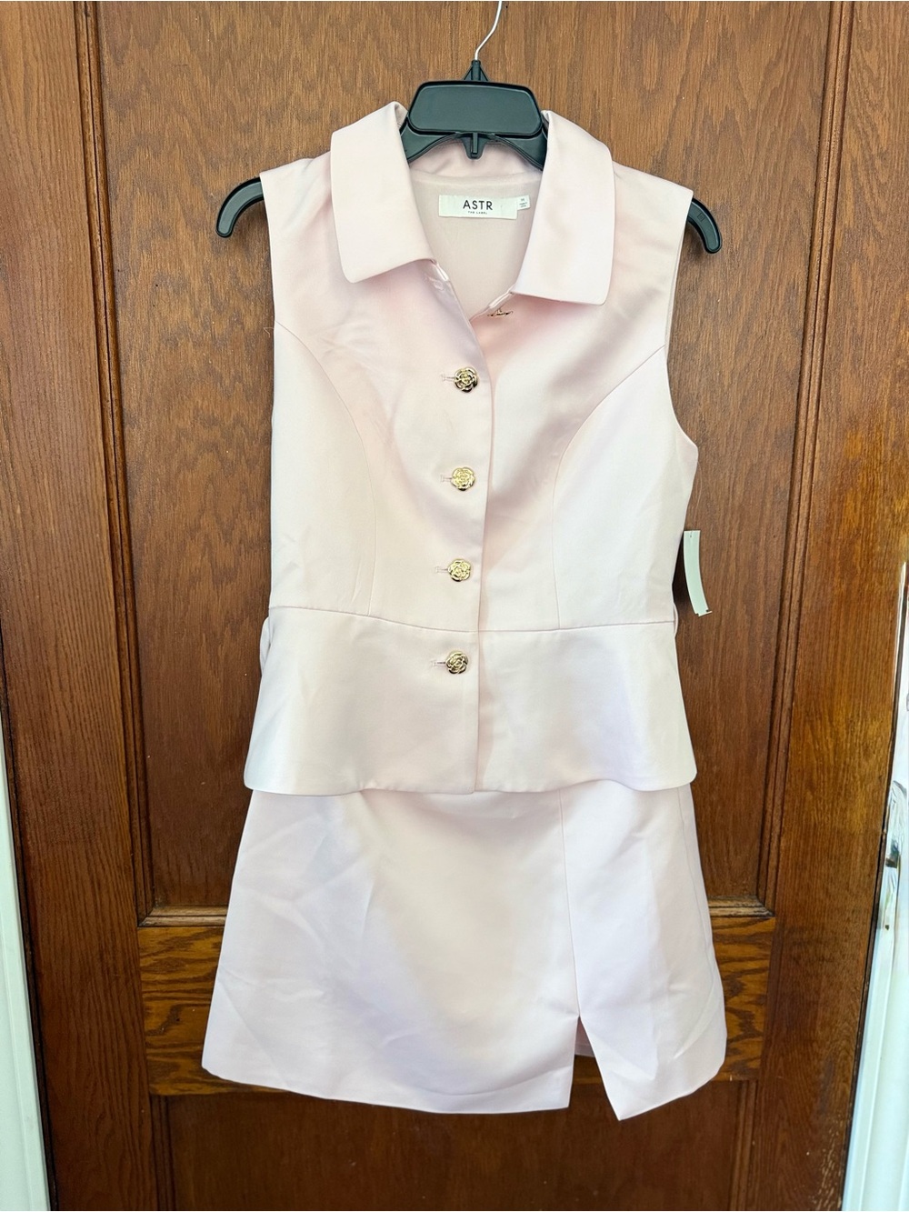 Astr Girls Pale Pink Sleeveless Peplum Dress with Gold Buttons